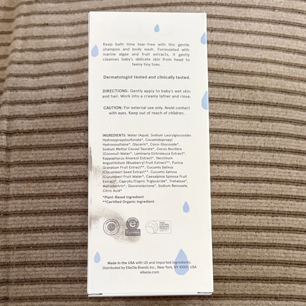 EllaOla Baby Shampoo & Body Wash - White with Light Blue Drops and Gold Text box